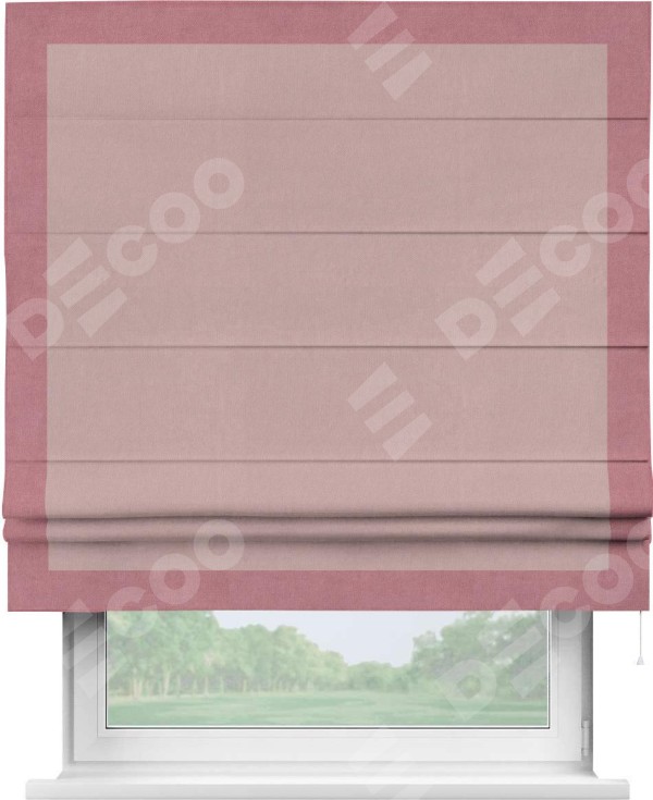 Римская штора «Кортин» с кантом Чесс, для проема, ткань вельвет розовая пудра